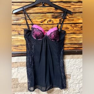 Elegant Black and Pink Lace Chemise Nighty Medium